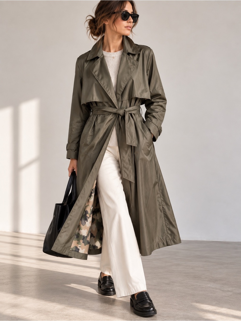 Colynn Olive Green Belted Trench Coat with Camo Lining – Size Large